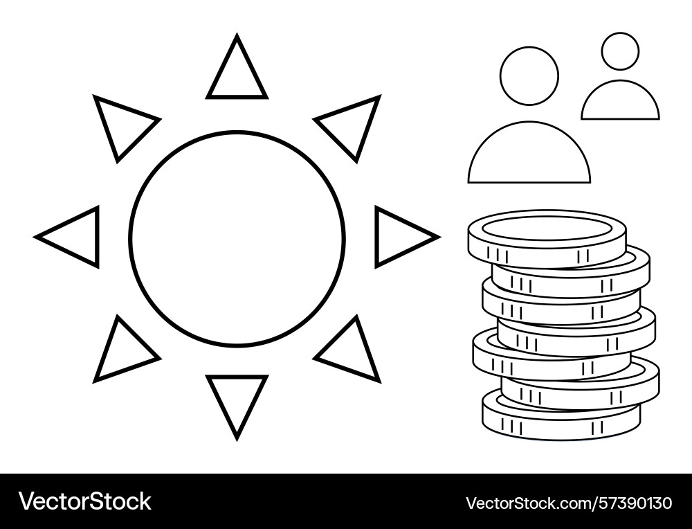 Sun with triangular rays stacked coins and user Vector Image