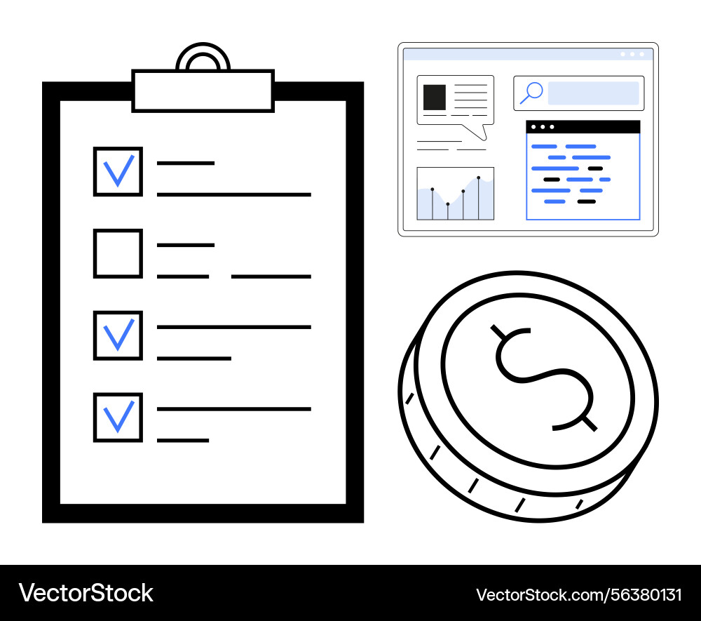 Checklist analytics window and coin representing Checklist analytics window and coin representing vector image