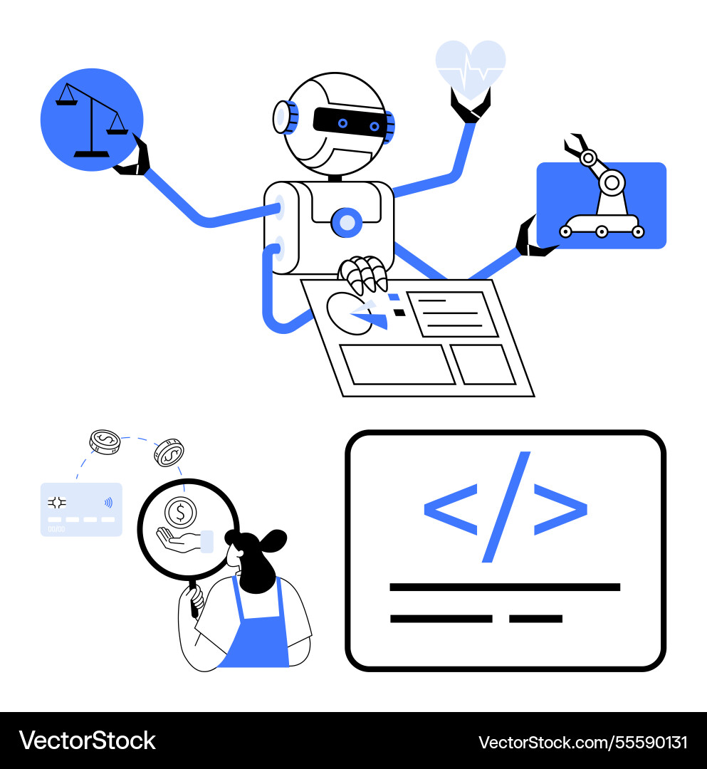Multifunctional robotic ai handling various tasks Multifunctional robotic ai handling various tasks vector image