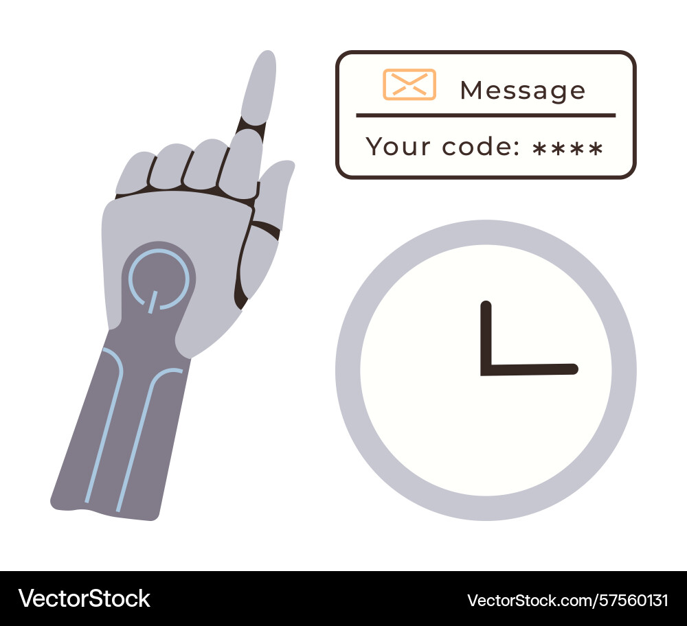 Robotic hand pointing to security code with clock Robotic hand pointing to security code with clock vector image