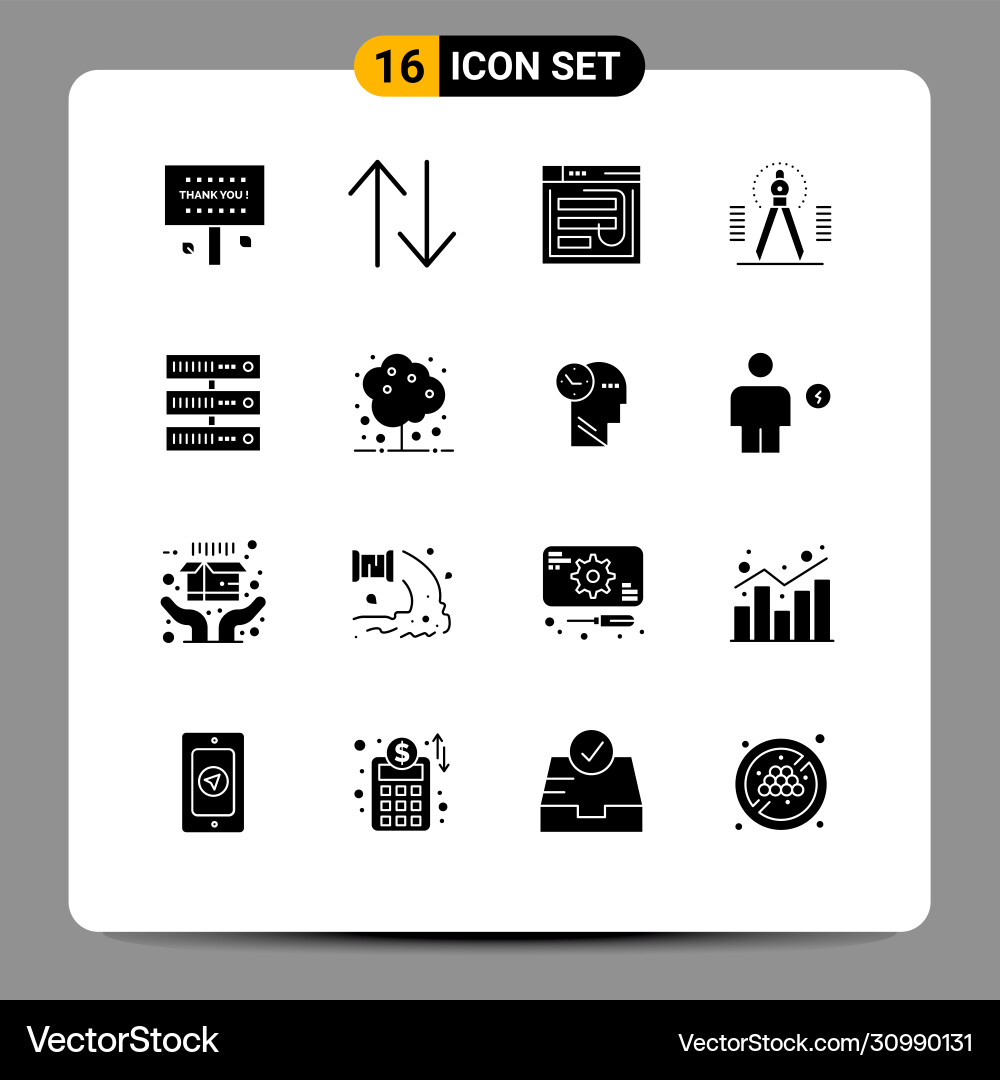 Set 16 solid glyphs on grid for tool compass Vector Image