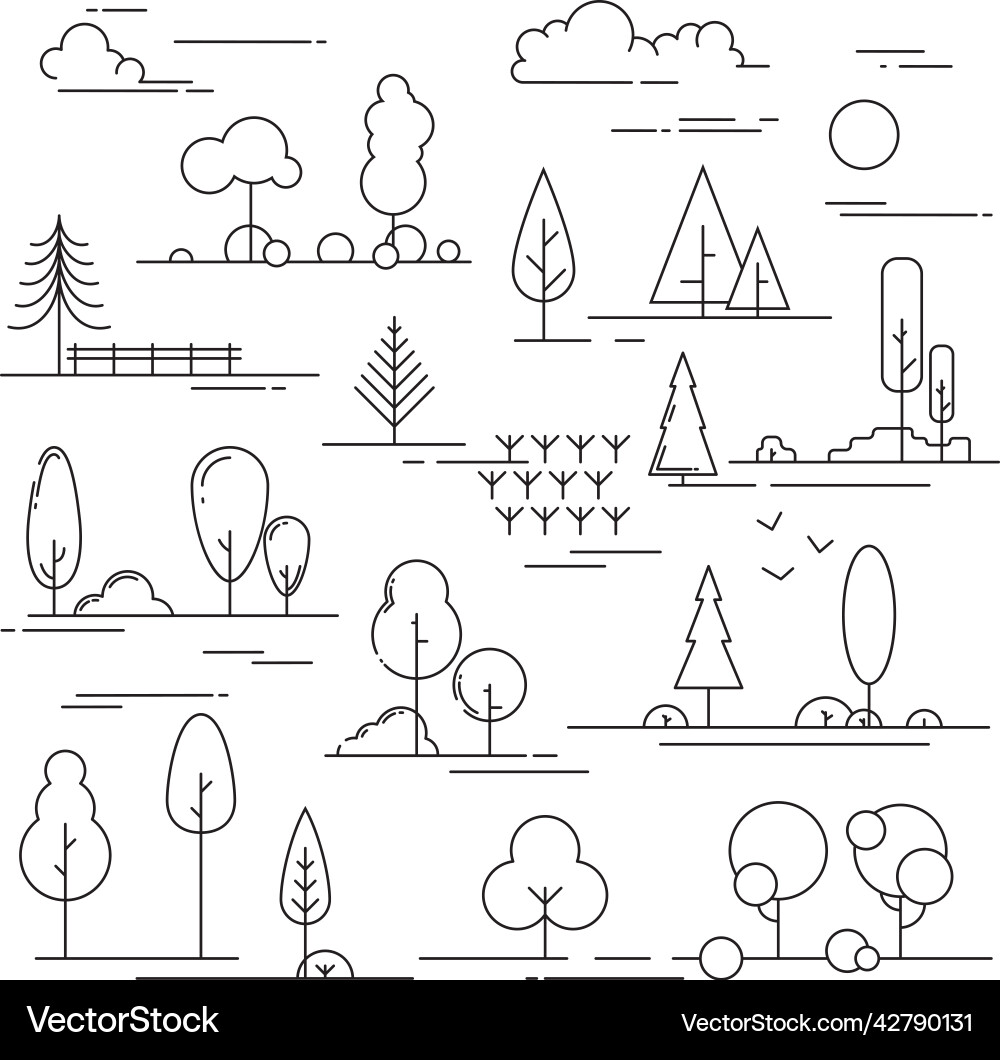 Set of trees in a linear style Set of trees in a linear style vector image