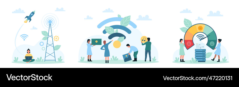 Wifi set tiny people work with fast connection Wifi set tiny people work with fast connection Vector Image