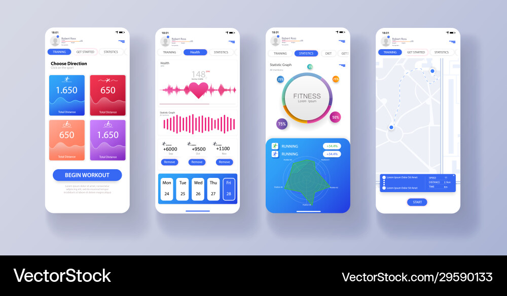 Different ui ux gui screens fitness app and flat vector image