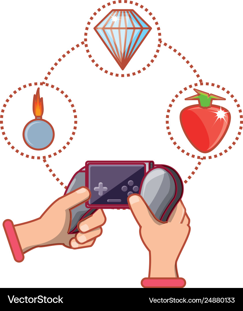 Hands with control video game and set icons Hands with control video game and set icons vector image