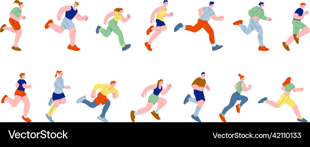 Runner characters teen moving running cartoon Runner characters teen moving running cartoon vector image