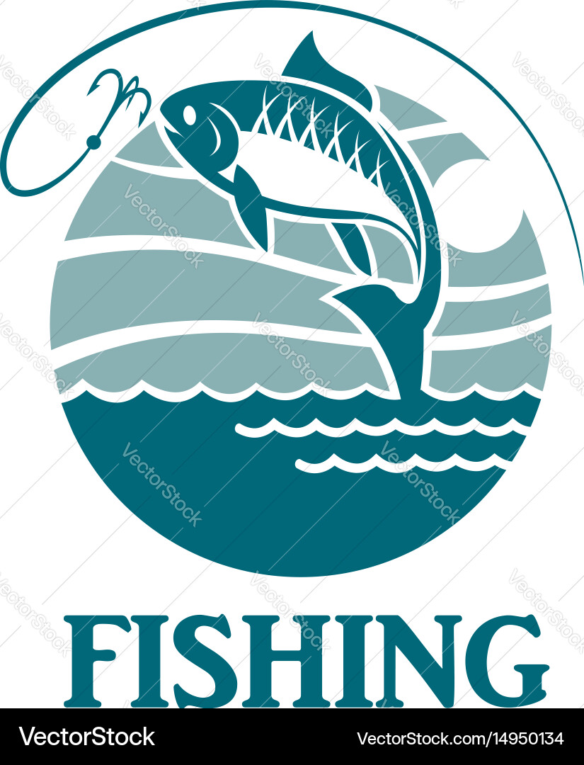 Fishing Hook Emblem with Water Waves Vector Image
