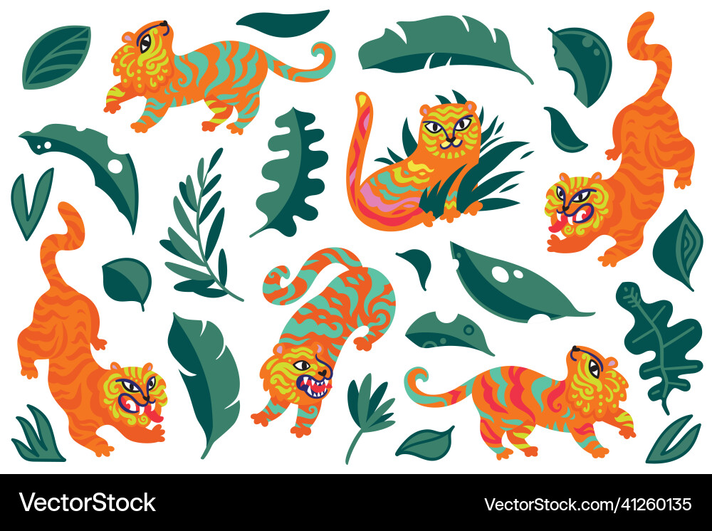Chinese tigers characters with leaves and tropical Chinese tigers characters with leaves and tropical vector image
