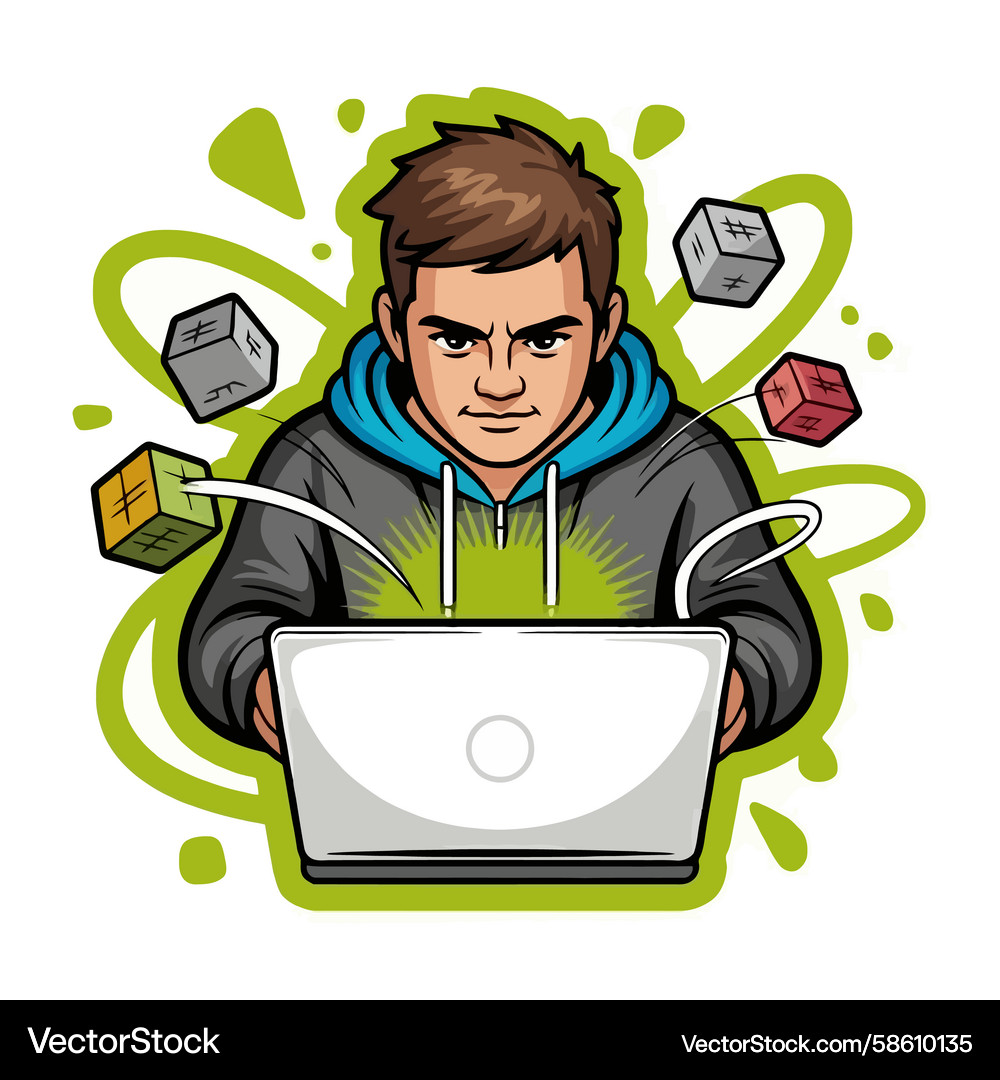 Focused hacker working on laptop with digital Focused hacker working on laptop with digital Vector Image