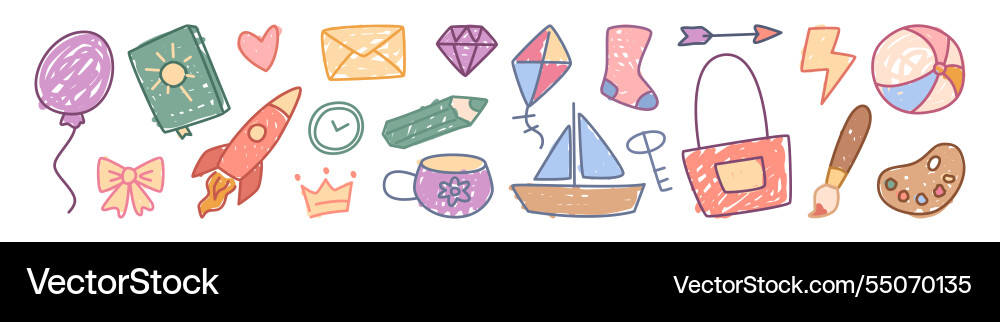 Kid drawn decorative element set crayon objects Kid drawn decorative element set crayon objects Vector Image