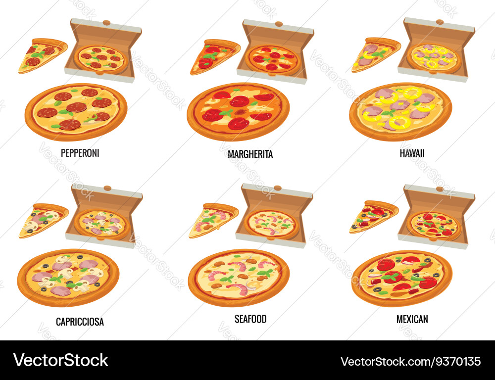 Set whole and slice pizza in open white box vector image