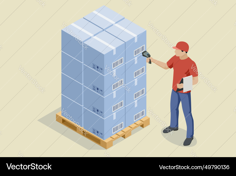 Isometric warehouse worker checking inventory Vector Image