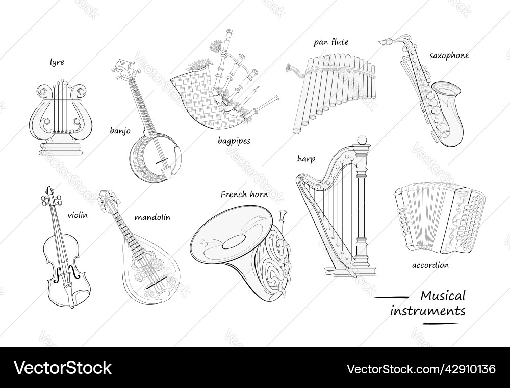 Musikinstrumente mit Namen Färbung Buchset Musikinstrumente mit Namen Färbung Buchset vektorbild