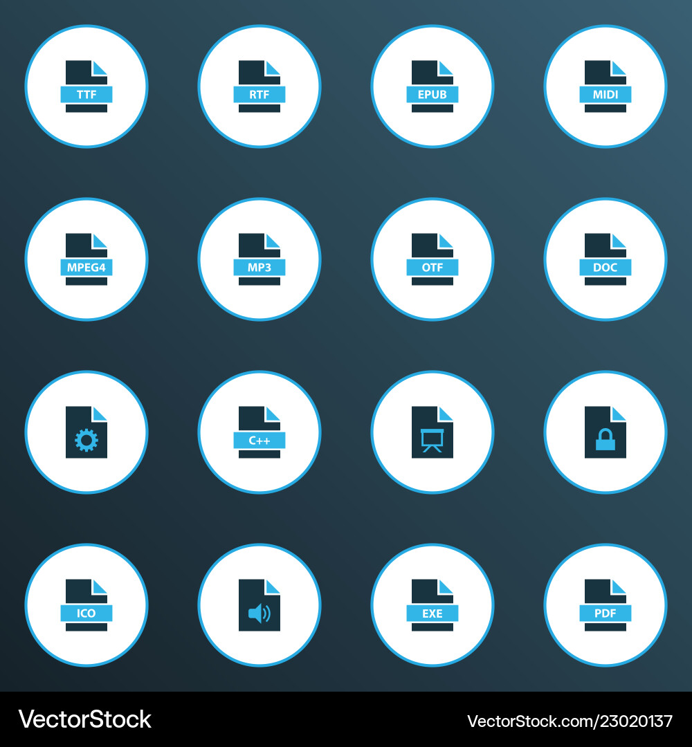 Document icons colored set with file rtf mp3 Document icons colored set with file rtf mp3 vector image