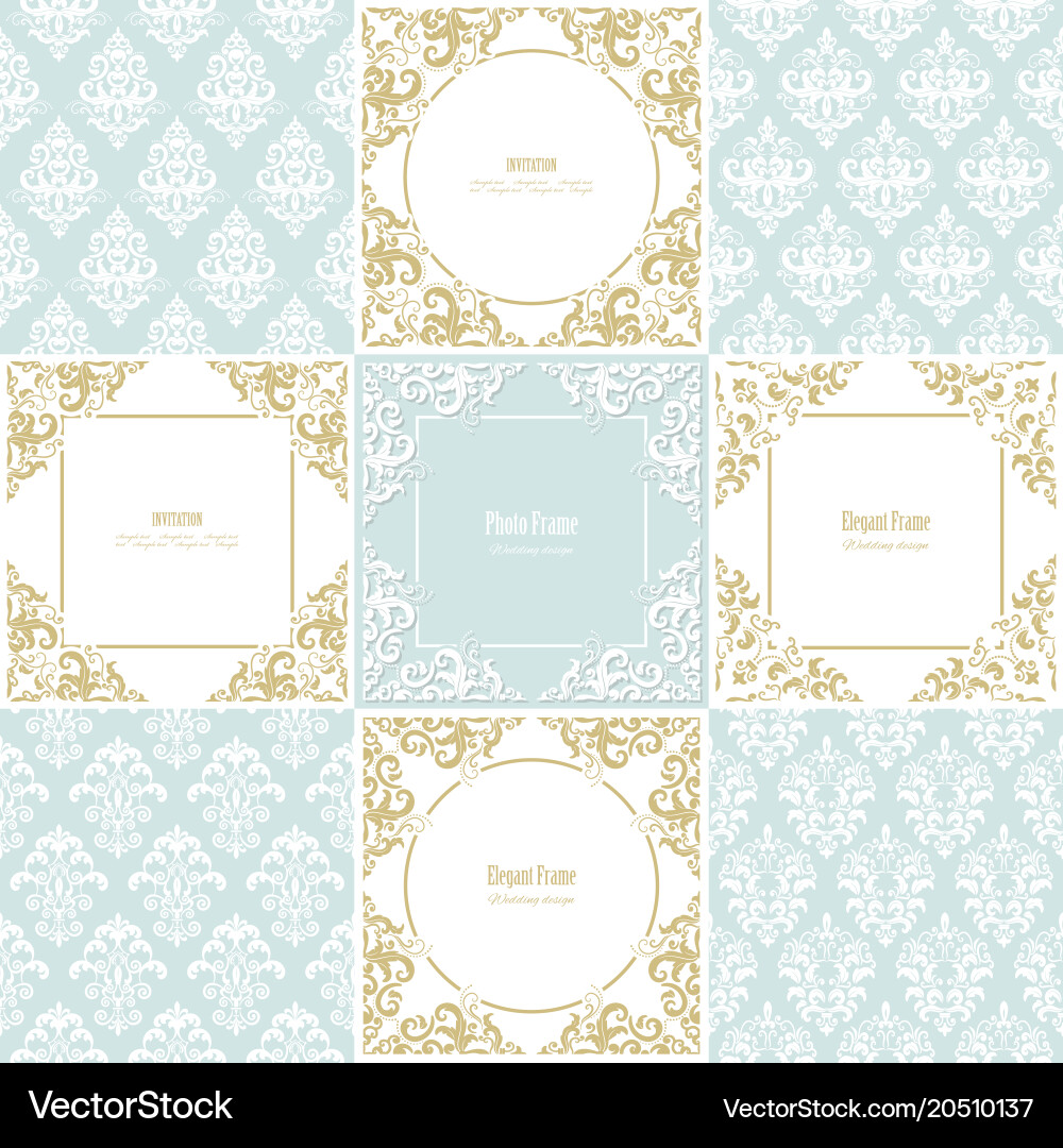 Elegant frames and damask seamless patterns set vector image