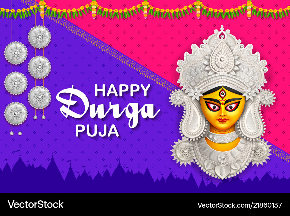 Goddess durga face in happy puja subh Goddess durga face in happy puja subh vector image