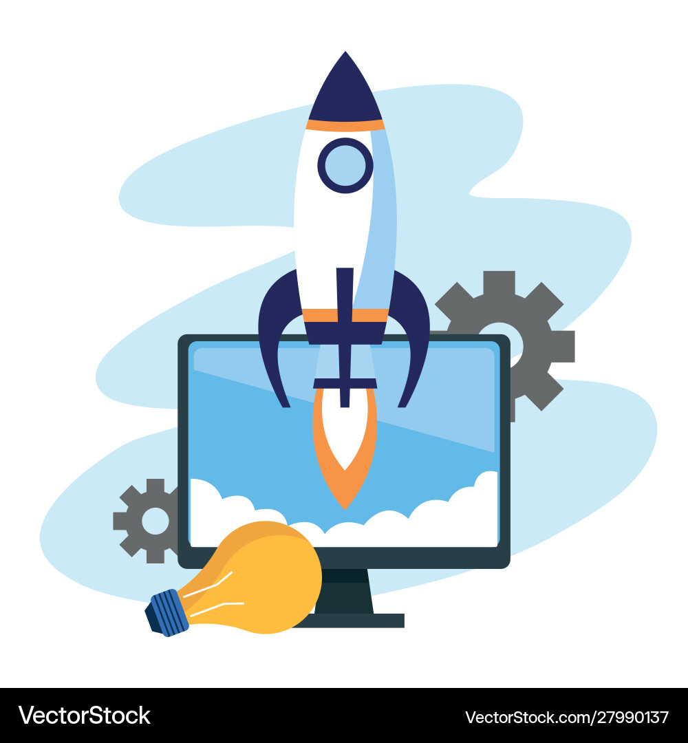 Rocket with computer and light bulb colorful Rocket with computer and light bulb colorful vector image