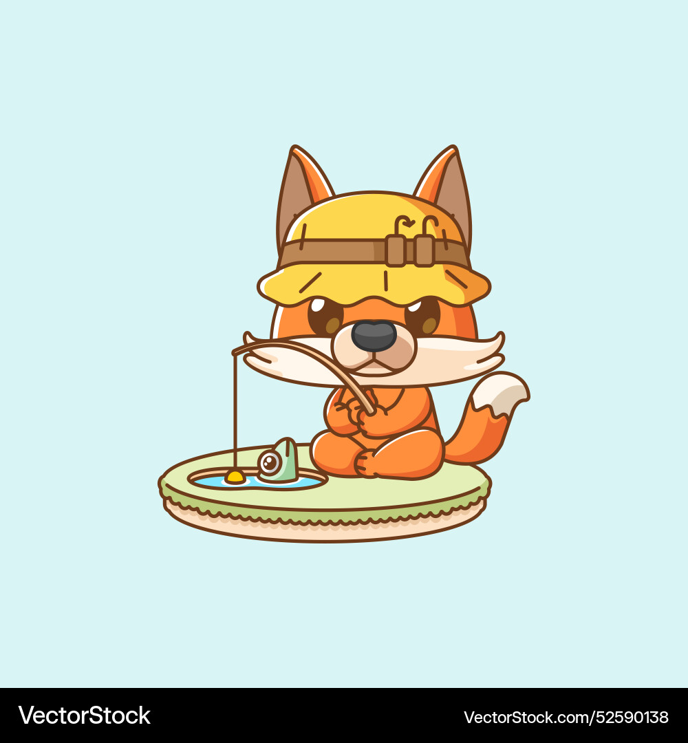 Cute fox fishing fish on island kawaii chibi Cute fox fishing fish on island kawaii chibi vector image
