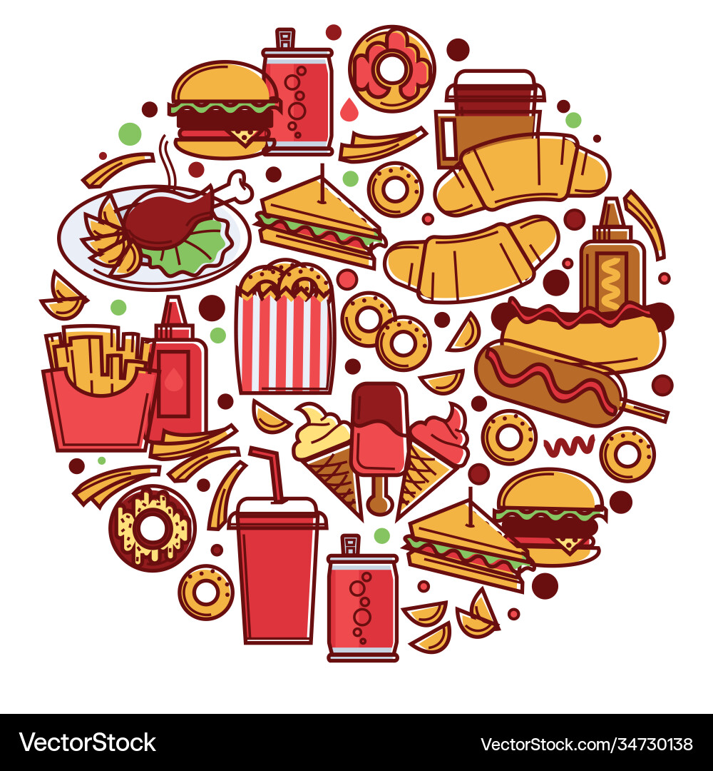 Fast food in circle snacks and drinks dinner vector image