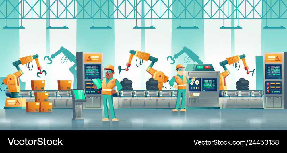 Modern factory robotized conveyor cartoon vector image