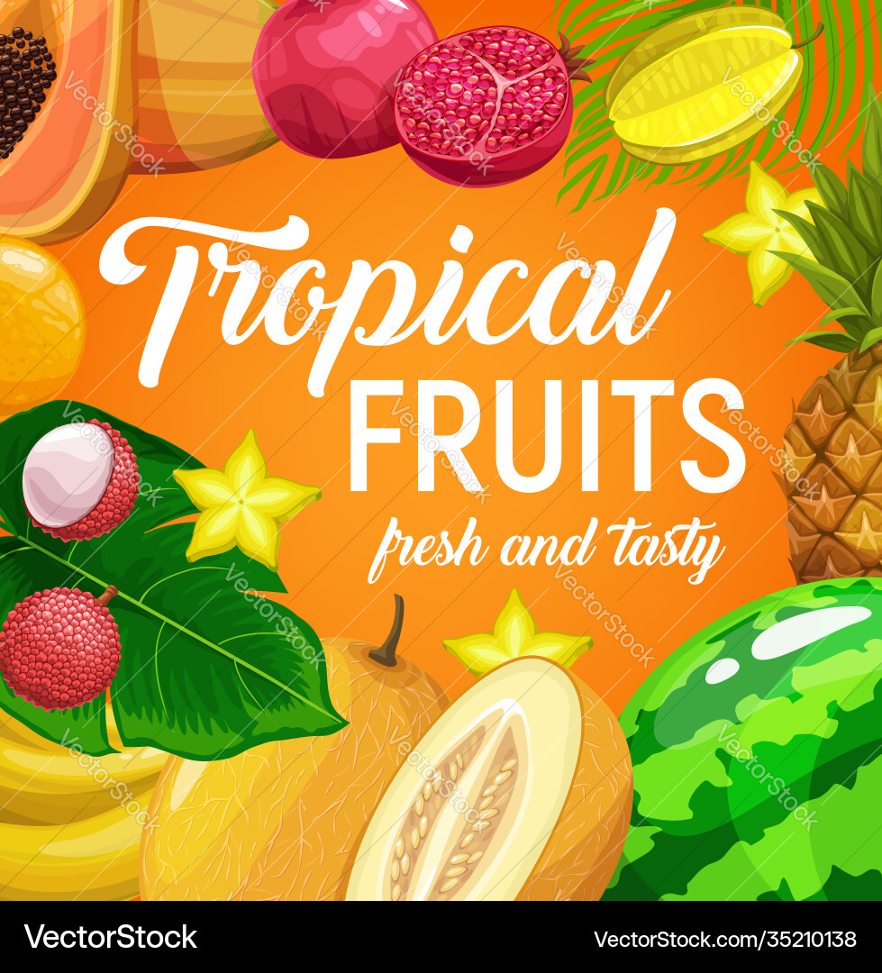 Tropische Früchte mit Palmblättern Poster Tropische Früchte mit Palmblättern Poster vektorbild