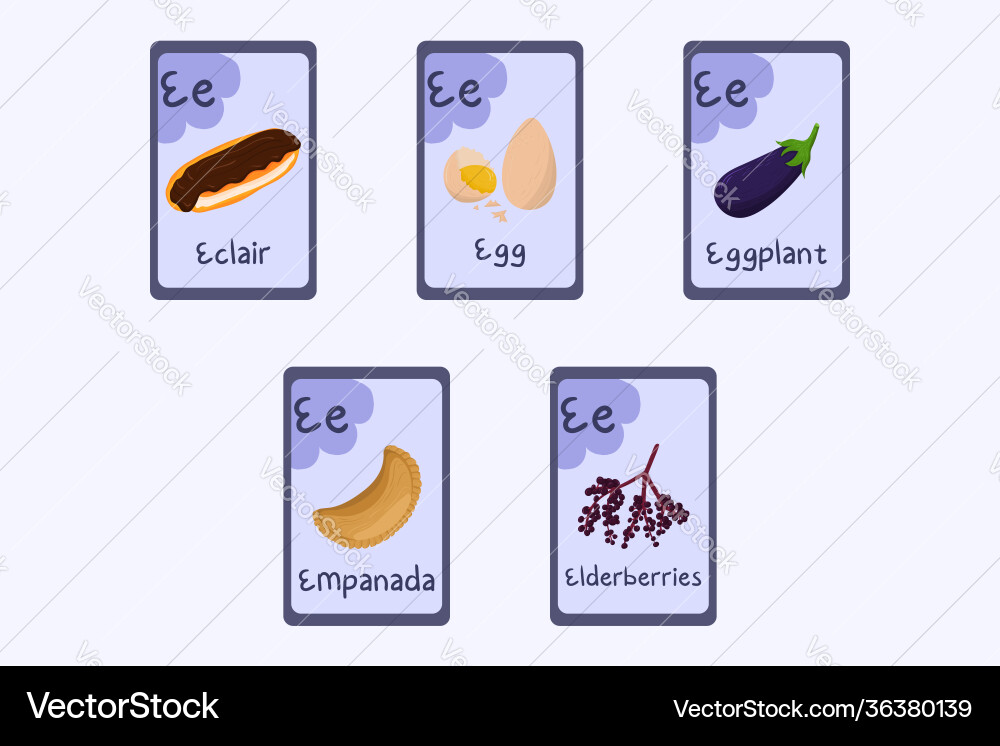 Colorful phonics flashcard letter e - eclair egg Colorful phonics flashcard letter e - eclair egg vector image