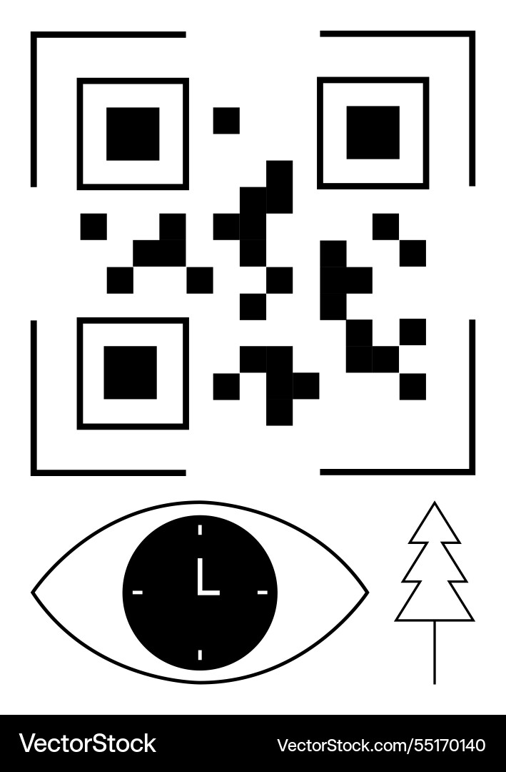 Qr code with minimalist clock inside eye shape Qr code with minimalist clock inside eye shape vector image