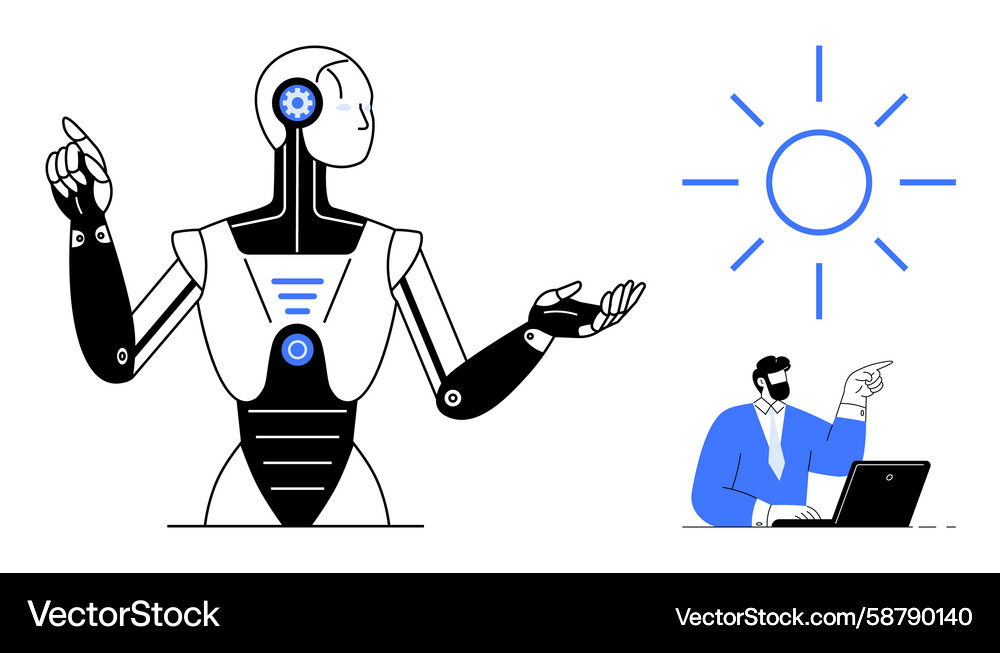 Robot interacting with a person working Robot interacting with a person working Vector Image