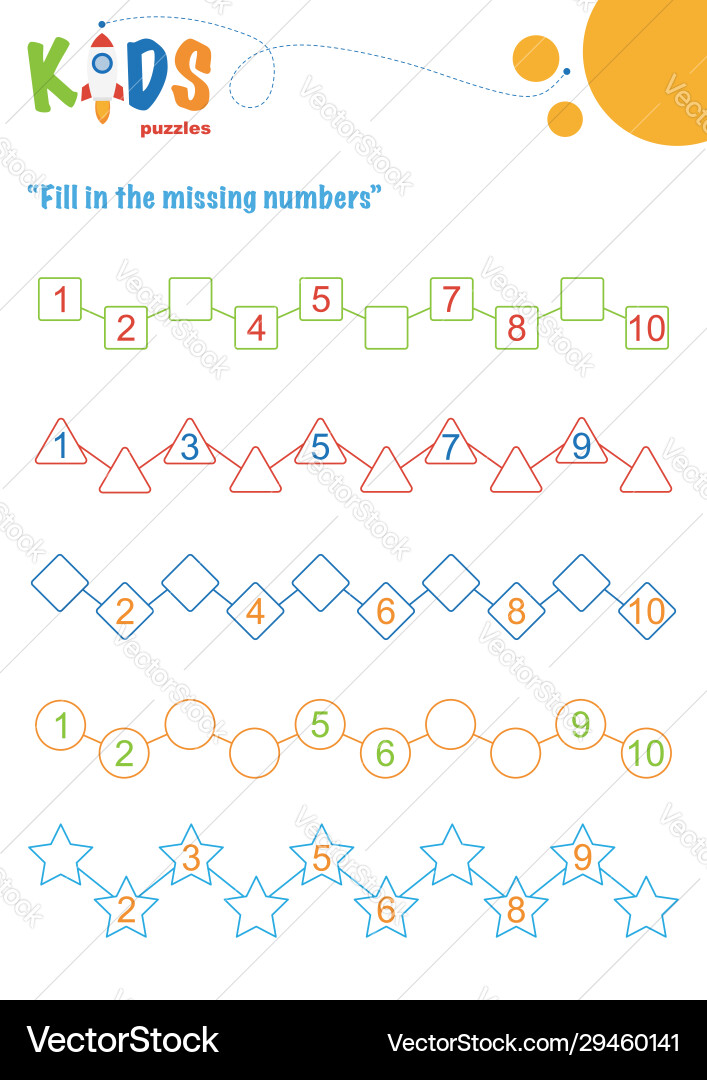 Fill in missing numbers counting worksheet Fill in missing numbers counting worksheet vector image