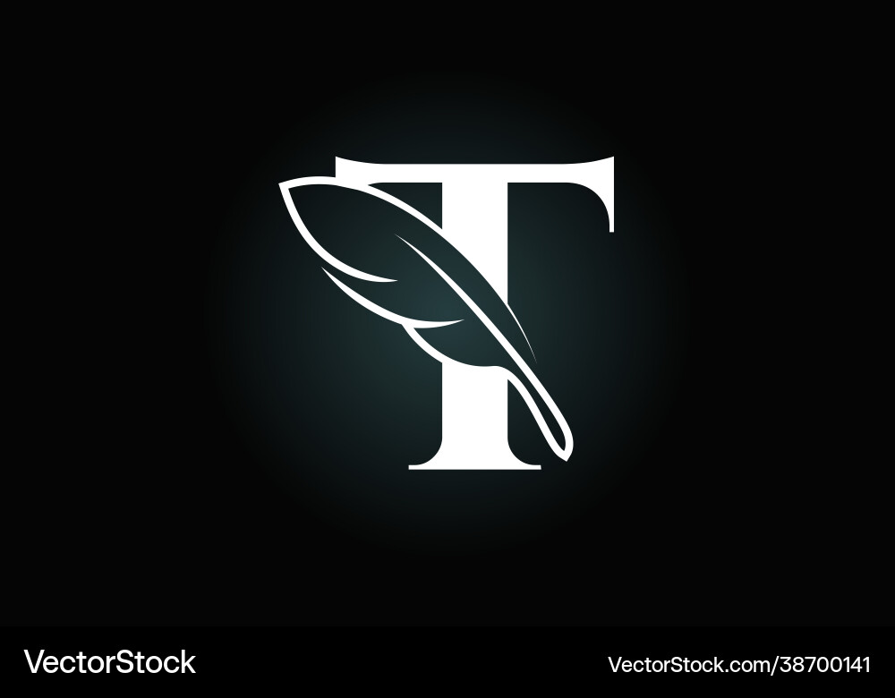 Initial t monogram alphabet with a feather font Vector Image