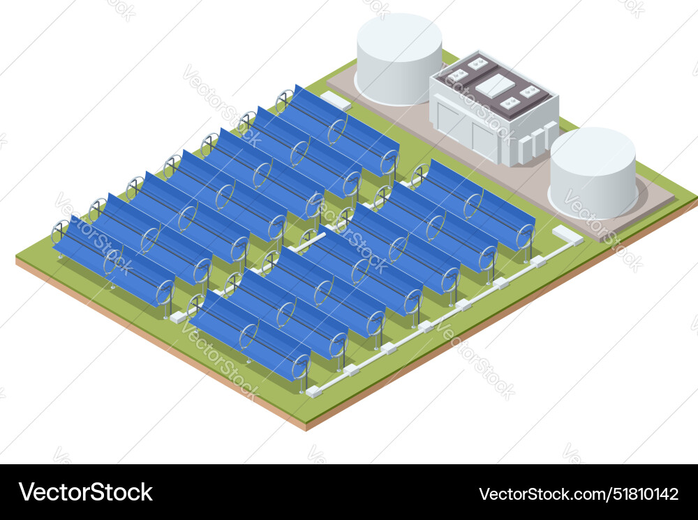 Isometric row of solar mirrors power plant Isometric row of solar mirrors power plant Vector Image