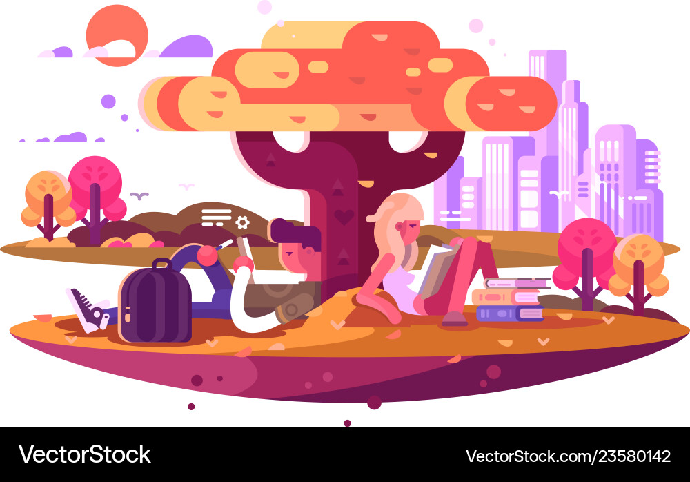 Young students sitting under tree and studying Young students sitting under tree and studying vector image