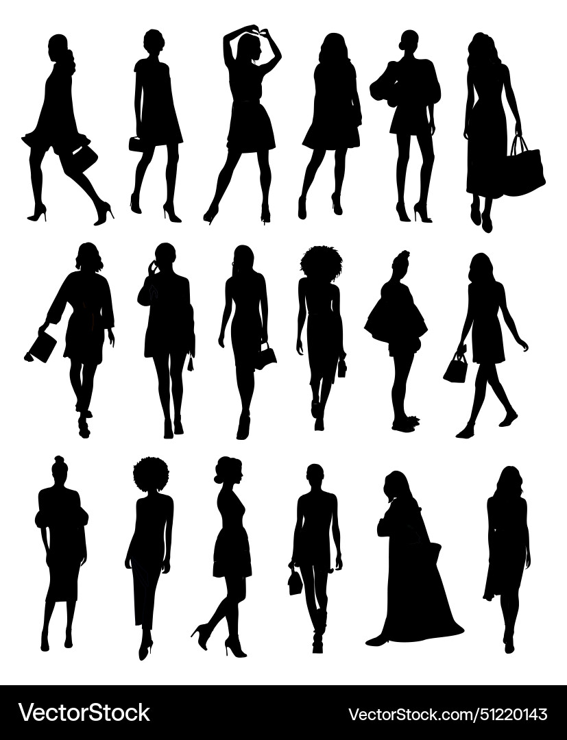 Black silhouettes of stylish women in dress Black silhouettes of stylish women in dress vector image