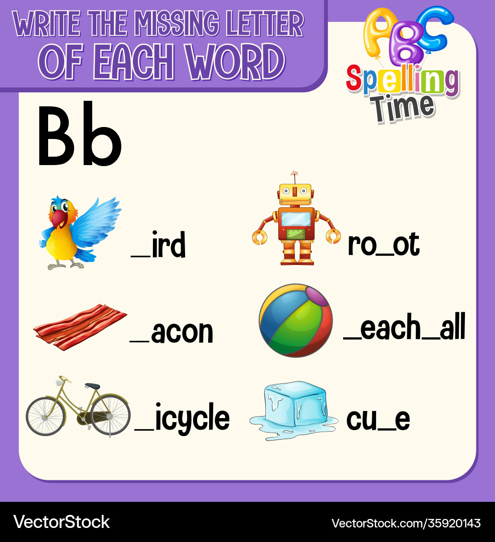 Fill missing letter each word worksheet – Royalty-Free Vector | VectorStock
