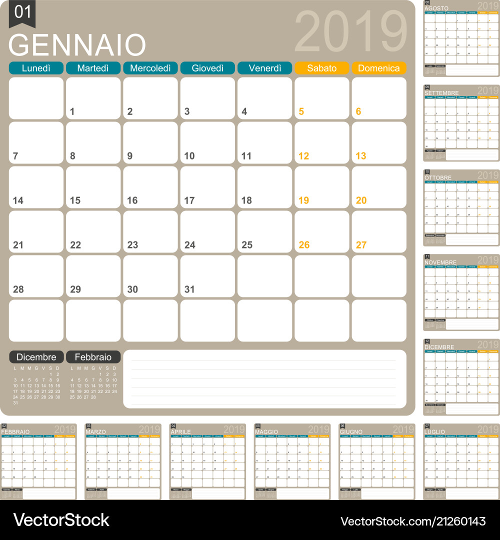 Italian Calendar 2019 - Monthly View Vector Image