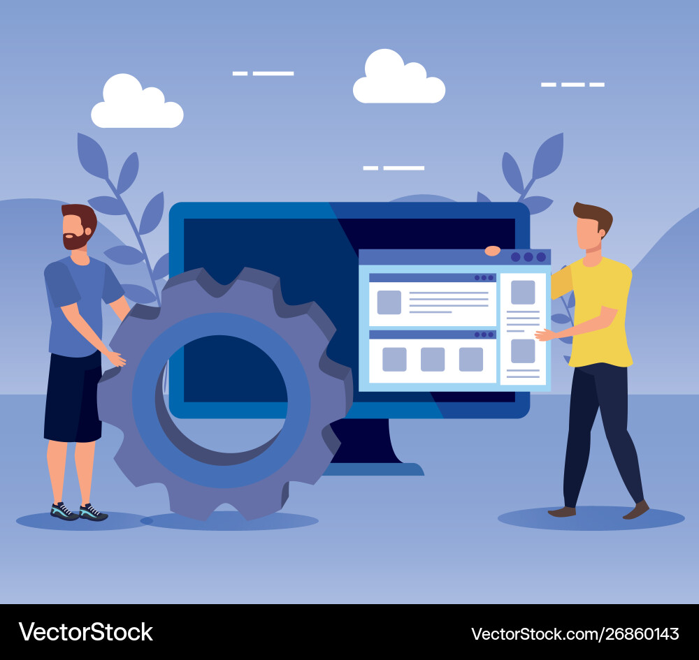 Men teamwork with gear and website computer Men teamwork with gear and website computer Vector Image