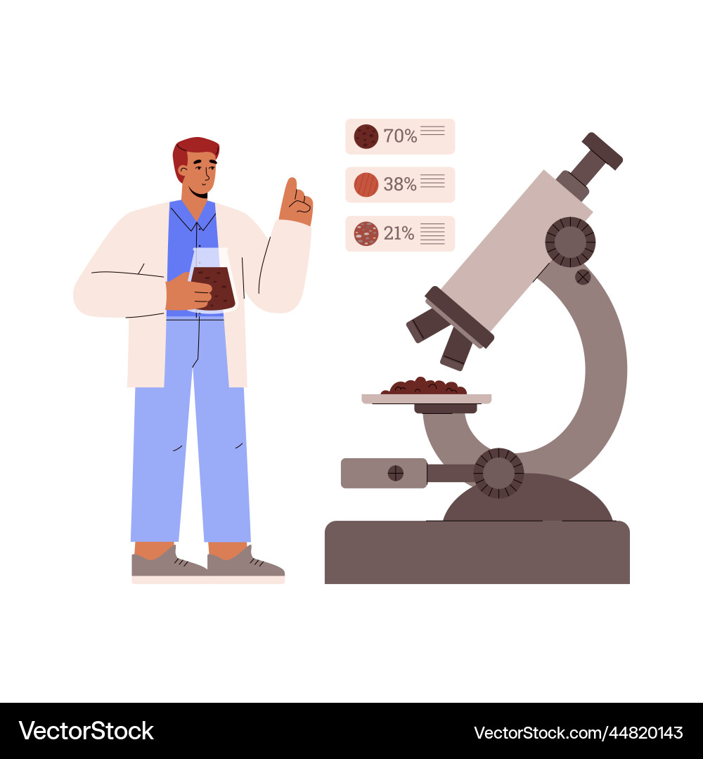 Scientist with microscope analyzing soil samples vector image