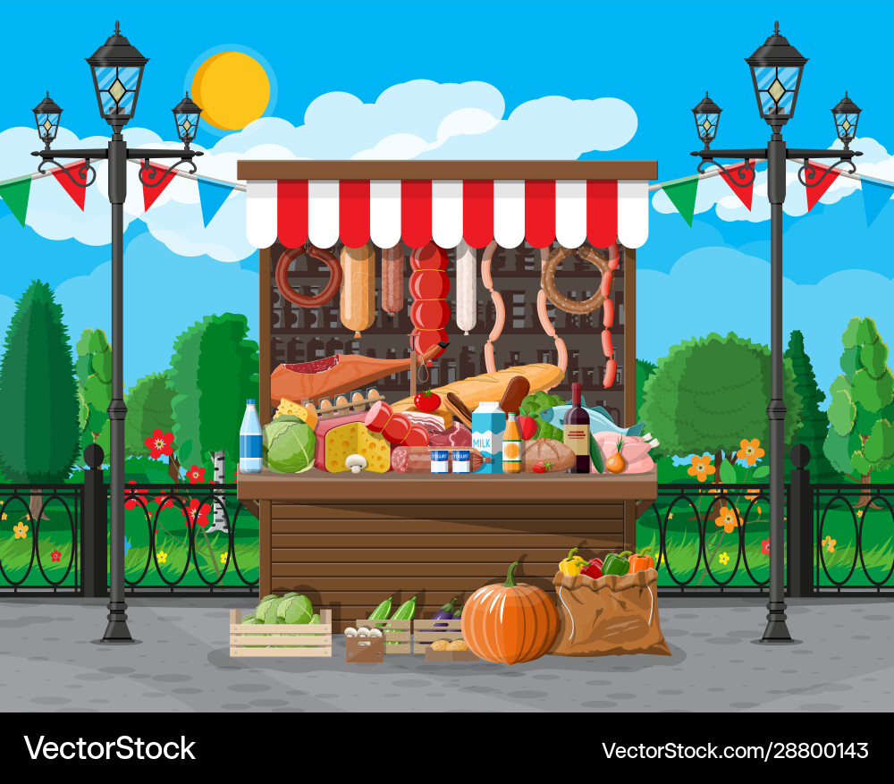 Traditional market wooden food stall full Traditional market wooden food stall full vector image