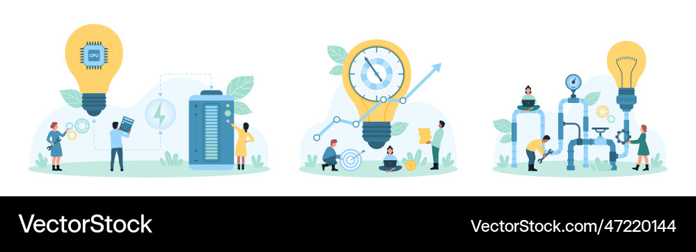 Idea generation and development process set tiny Idea generation and development process set tiny vector image