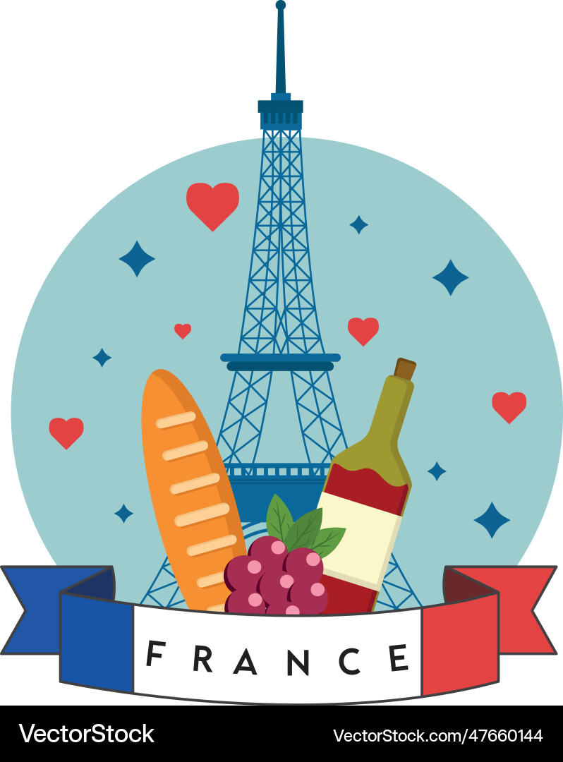 Isolated eiffel tower landmark with bread and wine vector image