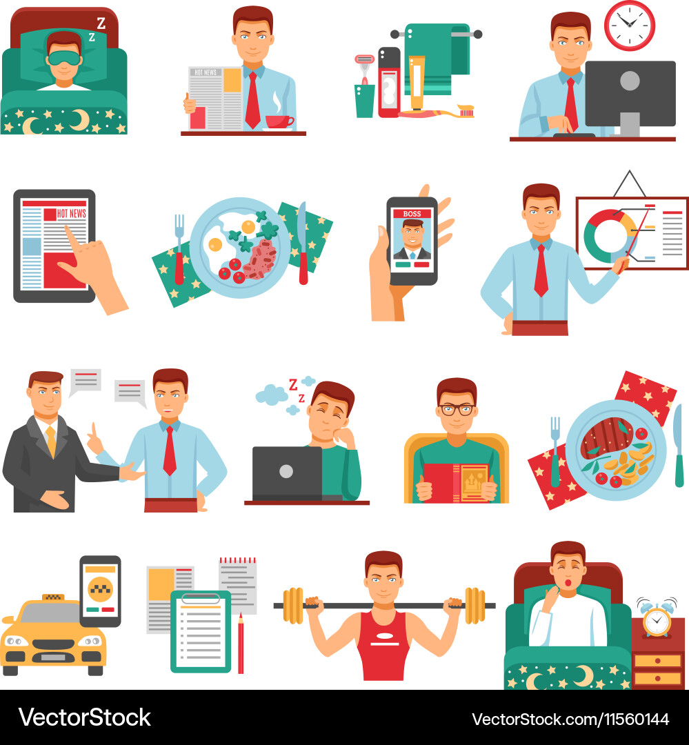 Man daily routine icon set vector image