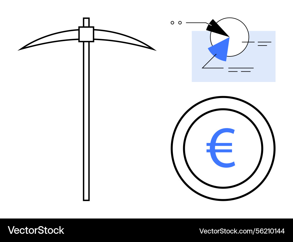 Mining pickaxe and euro coin with data analytics Vector Image