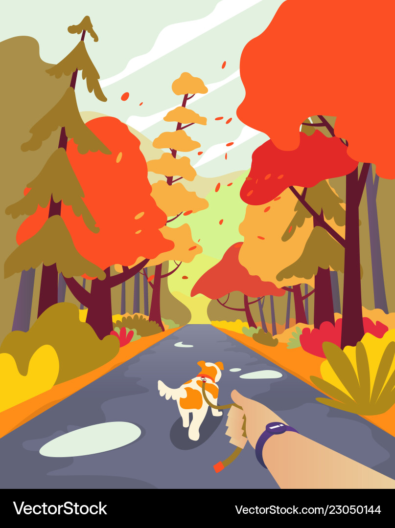 Simple cartoon people autumn park walk the dog Simple cartoon people autumn park walk the dog vector image