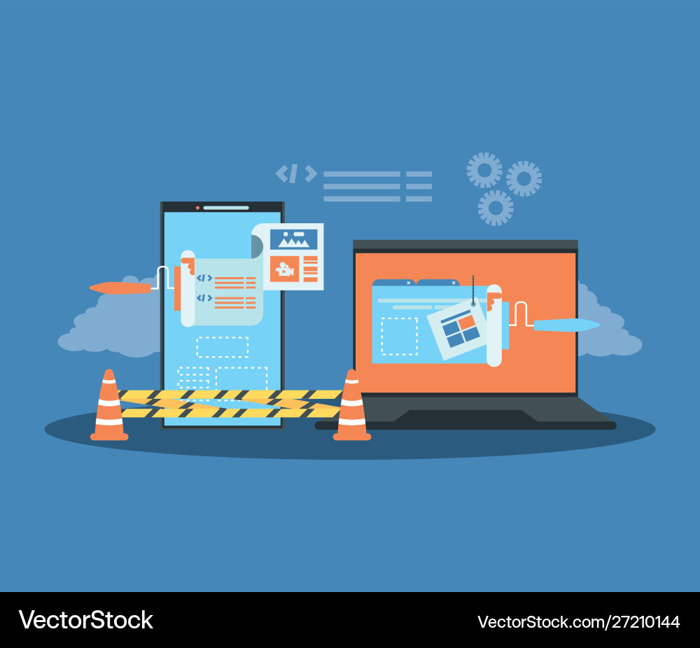 Website under construction with desktop computer Website under construction with desktop computer Vector Image