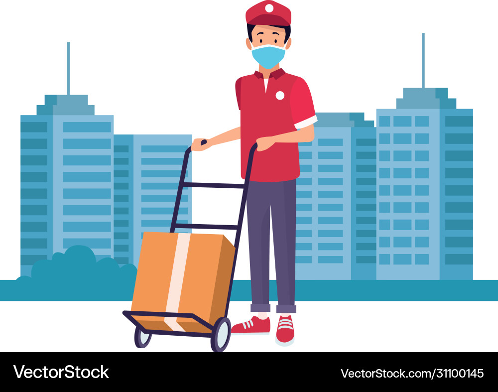 Delivery worker with face mask and box in cart Delivery worker with face mask and box in cart vector image