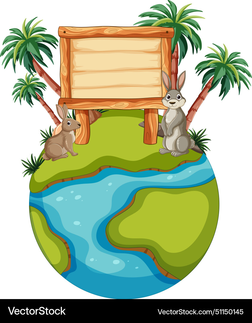 Two rabbits beside a sign on small globe Vector Image