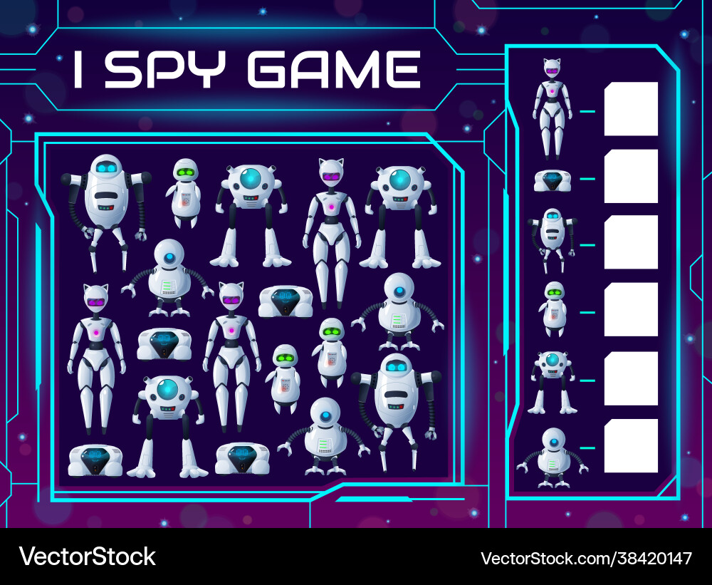 Kids riddle i spy game cartoon robots and droids Kids riddle i spy game cartoon robots and droids vector image