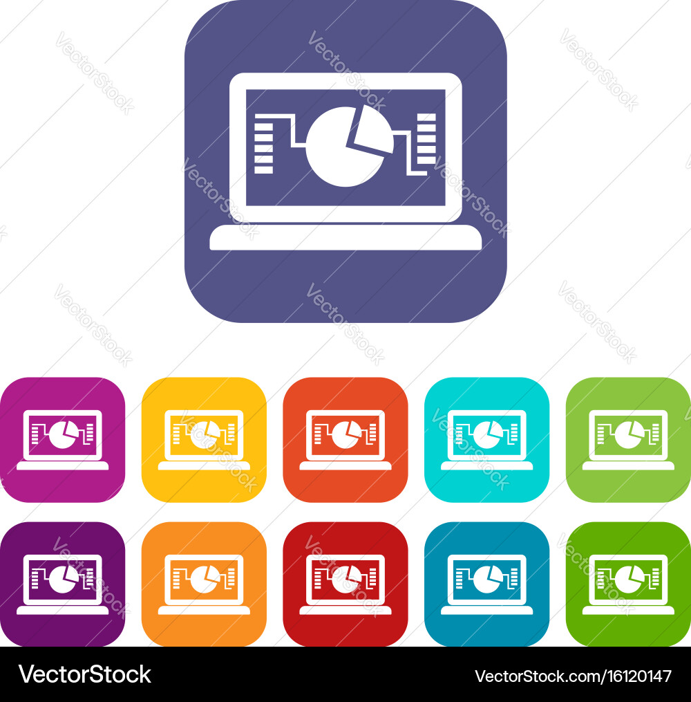 Laptop with business graph icons set vector image