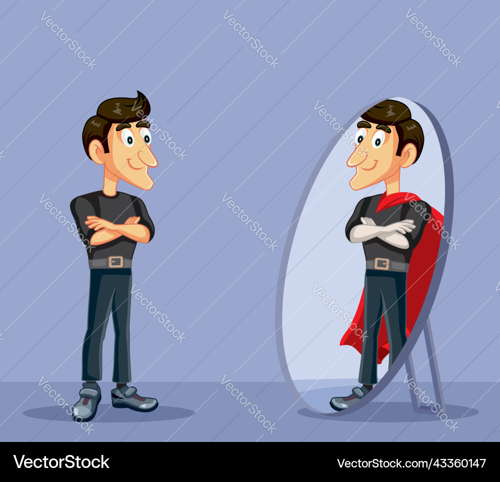 Man looking in the mirror seeing a superhero – Royalty-Free Vector |  VectorStock, image size:1000x963