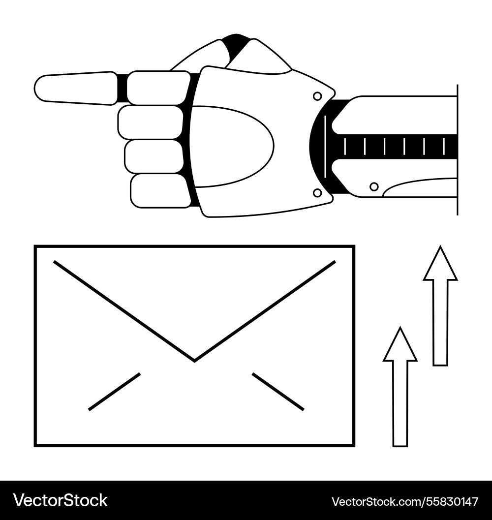 Robotic hand pointing at mail envelope with upward Robotic hand pointing at mail envelope with upward vector image